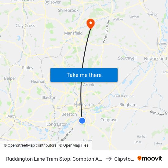 Ruddington Lane Tram Stop, Compton Acres to Clipstone map