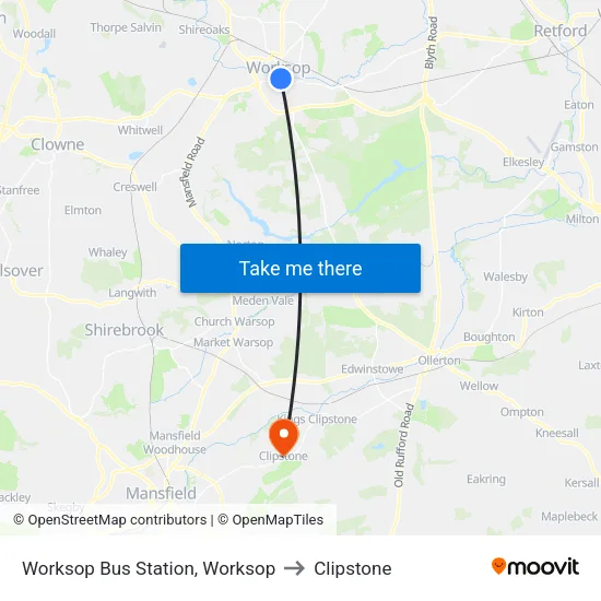 Worksop Bus Station, Worksop to Clipstone map