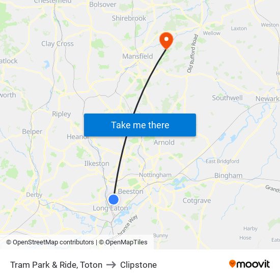 Tram Park & Ride, Toton to Clipstone map