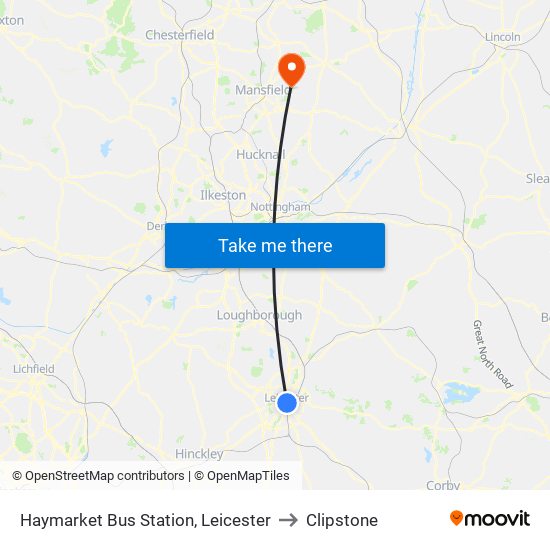 Haymarket Bus Station, Leicester to Clipstone map