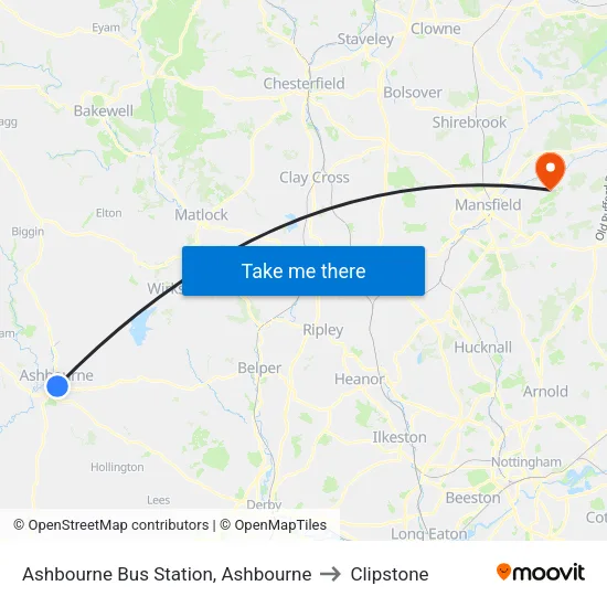 Bus Station, Ashbourne to Clipstone map