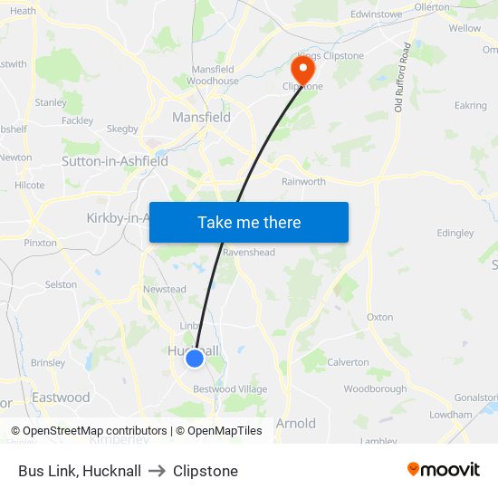 Bus Link, Hucknall to Clipstone map