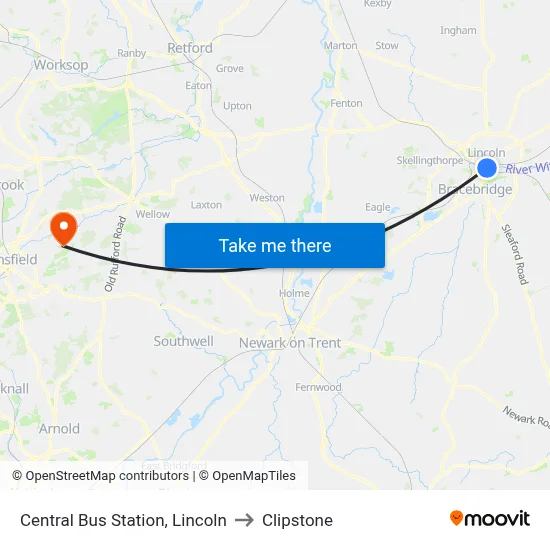 Central Bus Station, Lincoln to Clipstone map