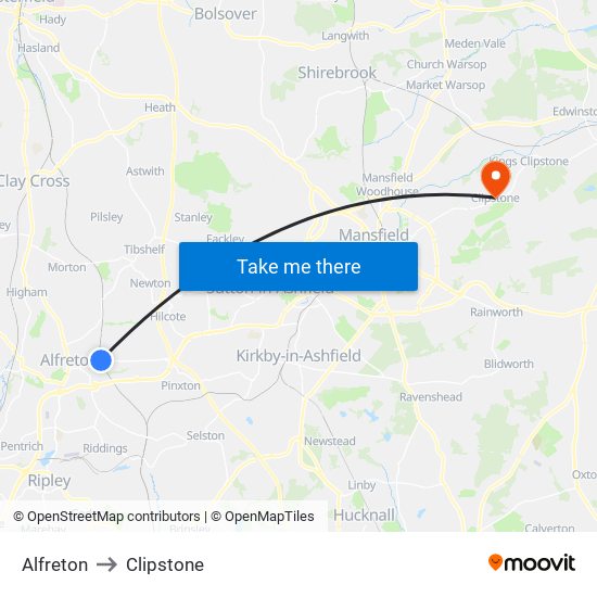 Alfreton to Clipstone map