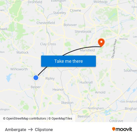 Ambergate to Clipstone map