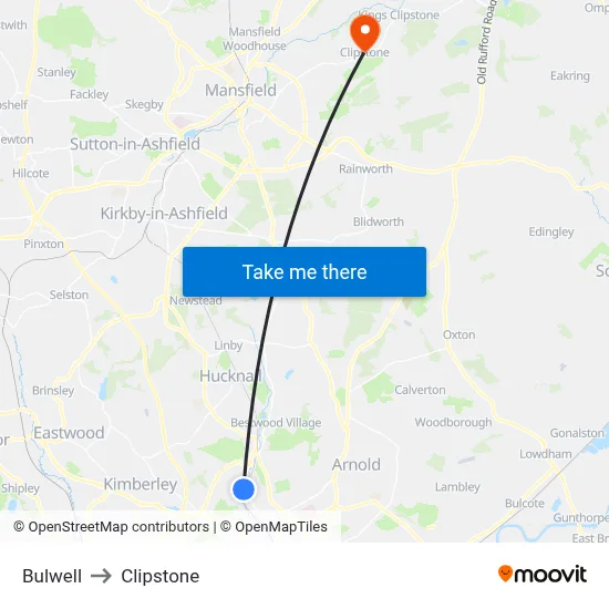 Bulwell to Clipstone map