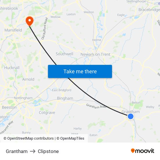 Grantham to Clipstone map