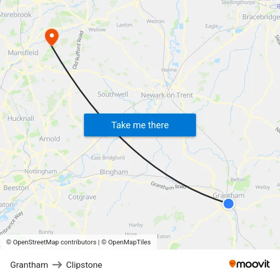 Grantham to Clipstone map