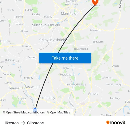 Ilkeston to Clipstone map
