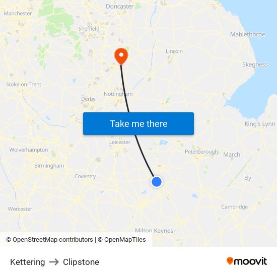 Kettering to Clipstone map