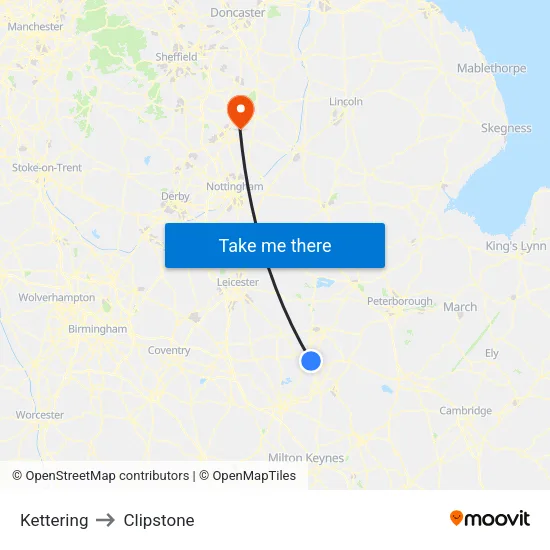 Kettering to Clipstone map
