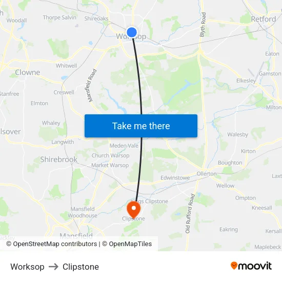 Worksop to Clipstone map