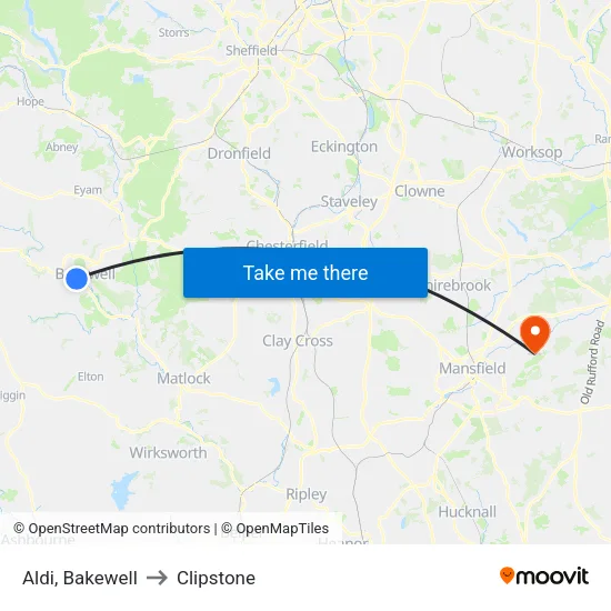Aldi, Bakewell to Clipstone map