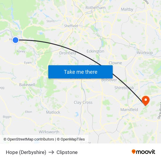 Hope (Derbyshire) to Clipstone map