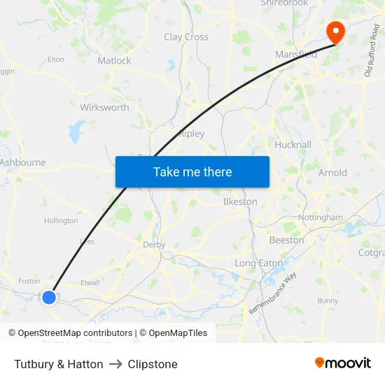 Tutbury & Hatton to Clipstone map