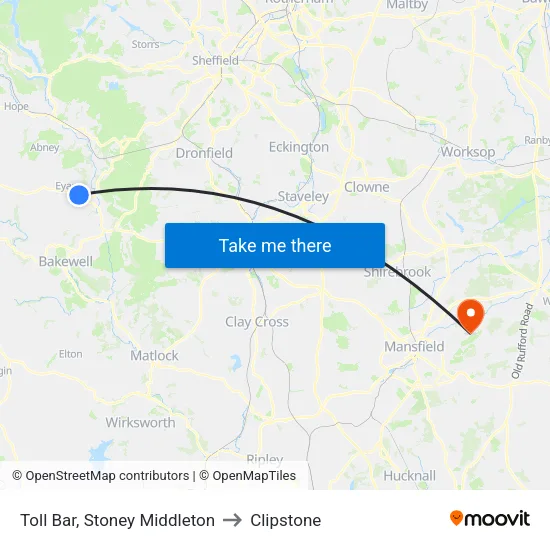 Toll Bar, Stoney Middleton to Clipstone map