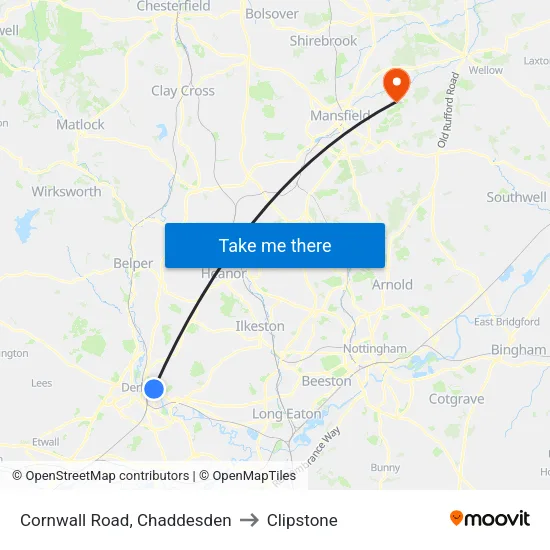 Cornwall Road, Chaddesden to Clipstone map