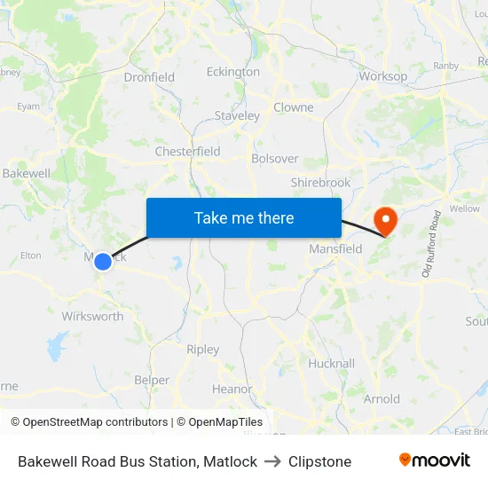 Bakewell Road Bus Station, Matlock to Clipstone map