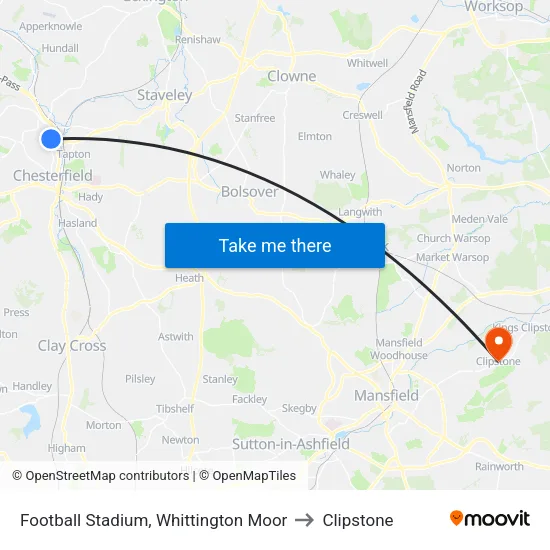 Football Stadium, Whittington Moor to Clipstone map