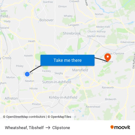 Wheatsheaf, Tibshelf to Clipstone map