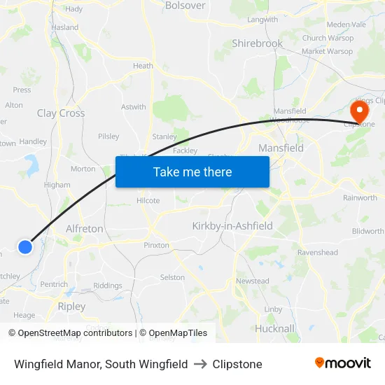 Wingfield Manor, South Wingfield to Clipstone map