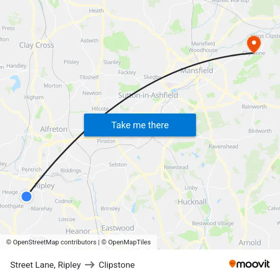 Street Lane, Ripley to Clipstone map