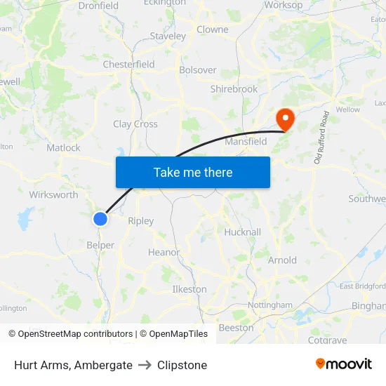 Hurt Arms, Ambergate to Clipstone map
