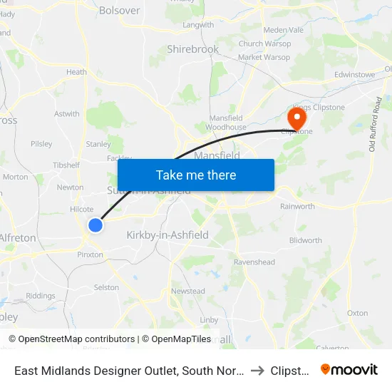 East Midlands Designer Outlet, South Normanton to Clipstone map