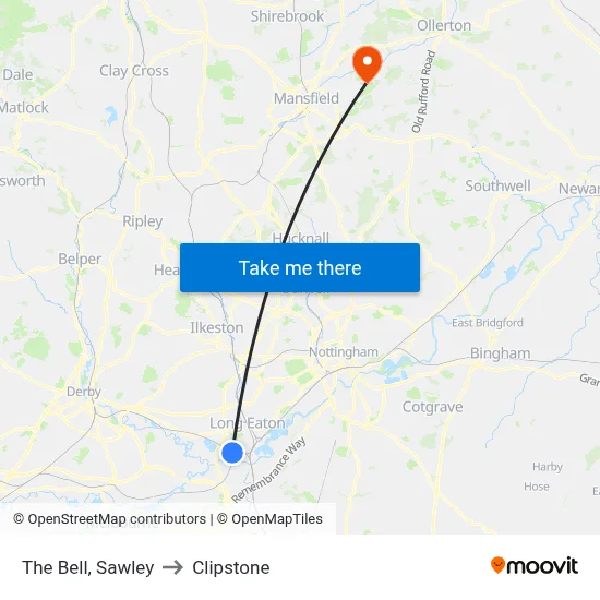 The Bell, Sawley to Clipstone map