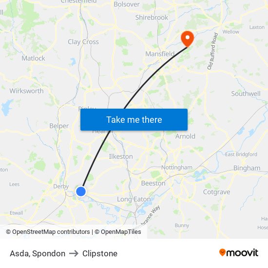 Asda, Spondon to Clipstone map