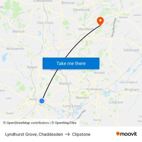 Lyndhurst Grove, Chaddesden to Clipstone map