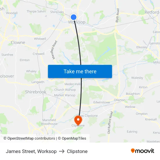 James Street, Worksop to Clipstone map