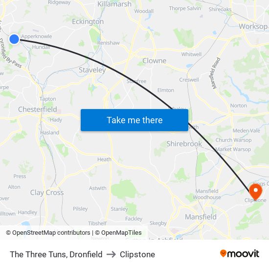 The Three Tuns, Dronfield to Clipstone map