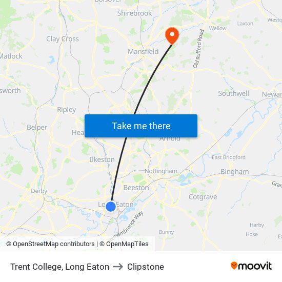 Trent College, Long Eaton to Clipstone map