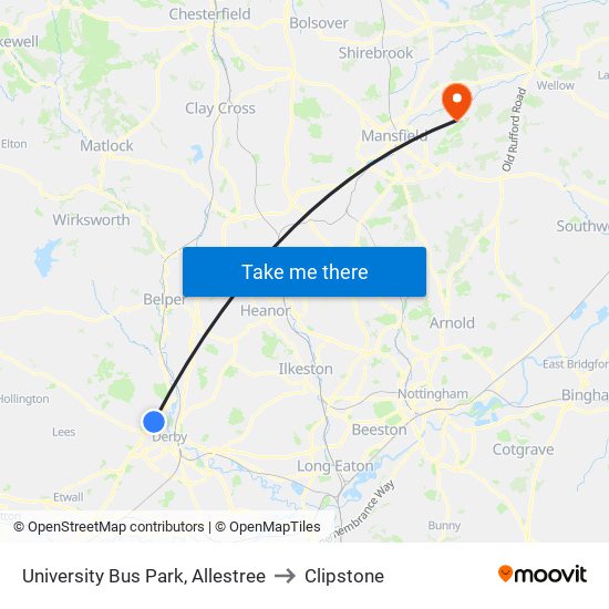 University Bus Park, Allestree to Clipstone map