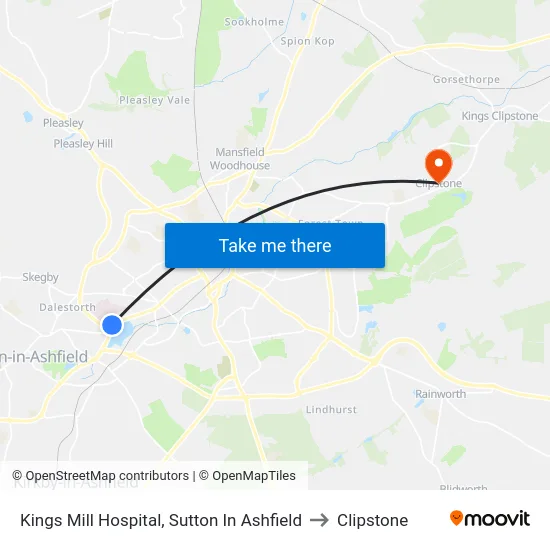 Kings Mill Hospital, Sutton In Ashfield to Clipstone map