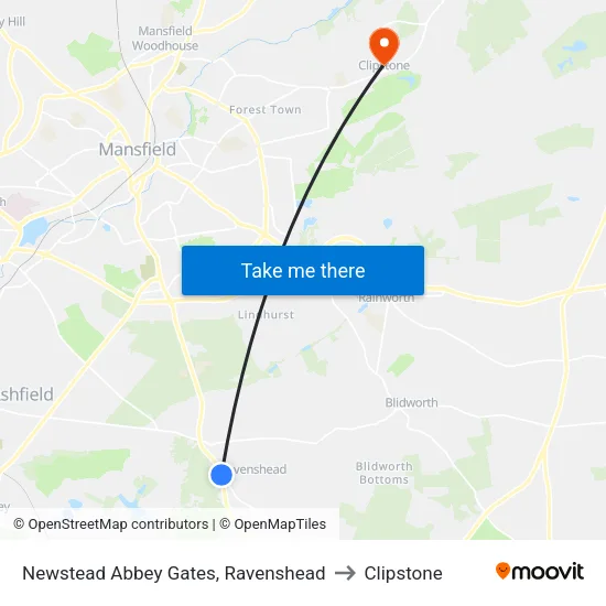 Newstead Abbey Gates, Ravenshead to Clipstone map