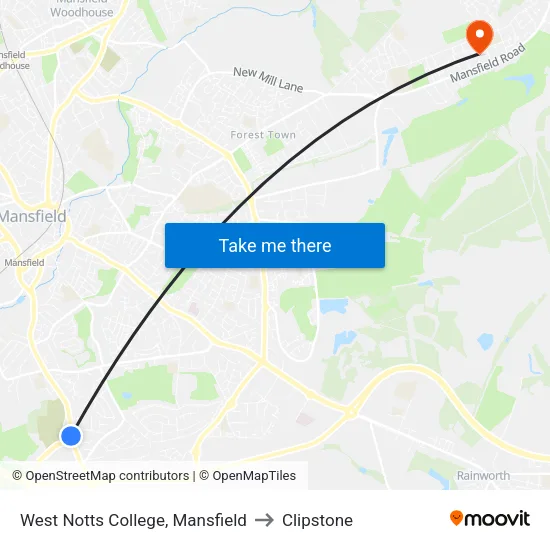 West Notts College, Mansfield to Clipstone map