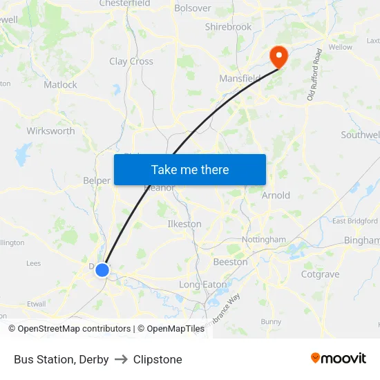 Bus Station, Derby to Clipstone map