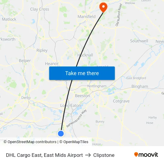 DHL Cargo East, East Mids Airport to Clipstone map