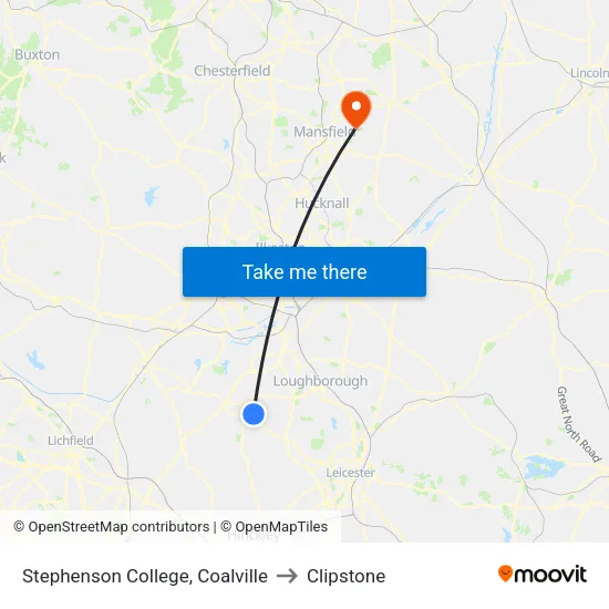 Stephenson College, Coalville to Clipstone map