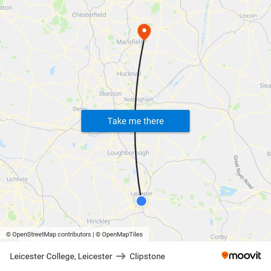 Leicester College, Leicester to Clipstone map