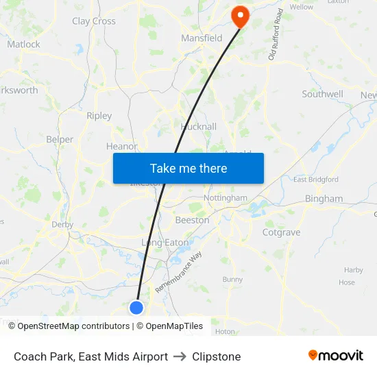 Coach Park, East Mids Airport to Clipstone map