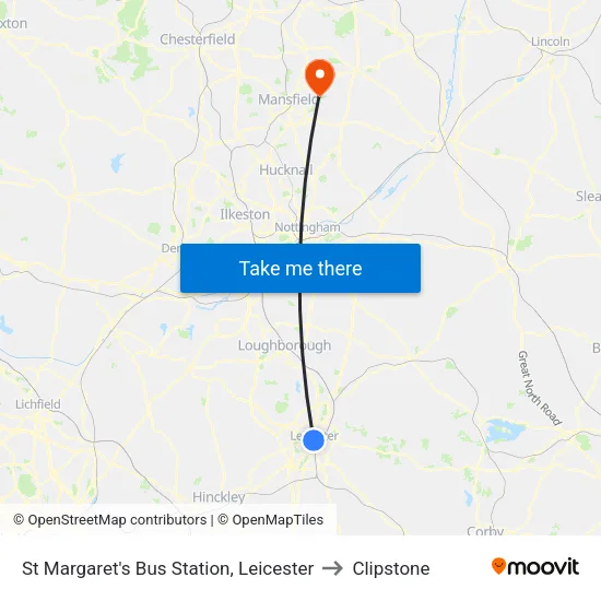 St Margaret's Bus Station, Leicester to Clipstone map