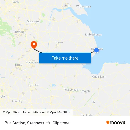 Bus Station, Skegness to Clipstone map
