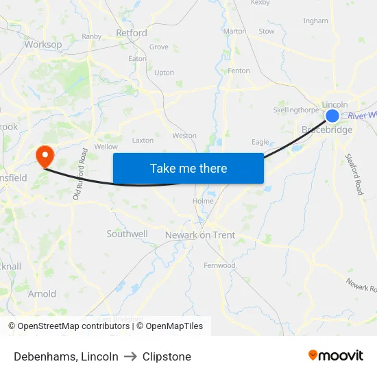 Debenhams, Lincoln to Clipstone map
