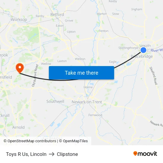 Toys R Us, Lincoln to Clipstone map