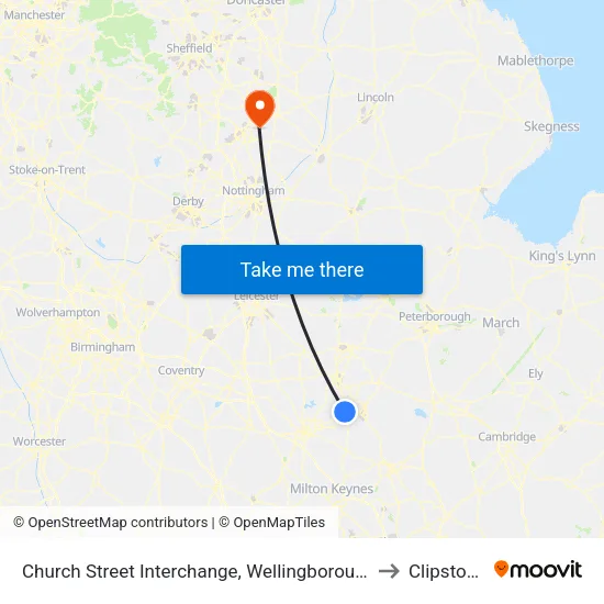 Church Street Interchange, Wellingborough to Clipstone map