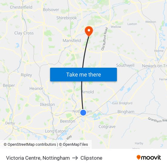 Victoria Centre, Nottingham to Clipstone map