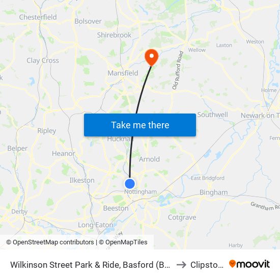 Wilkinson Street Park & Ride, Basford (Ba85) to Clipstone map